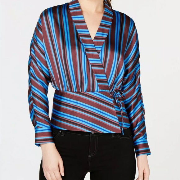 INC International Women’s Small Striped Wrap Front Blouse - Picture 1 of 9